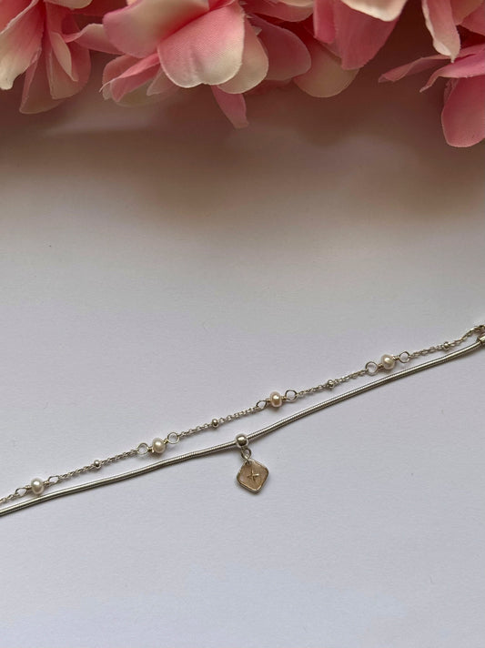 Bracelets fins jonc avec billes délicates et pendentif cœur/étoile, chaîne double